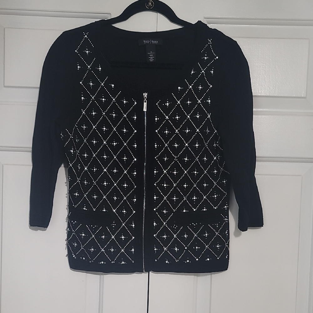 White House Black Market Black Embellished Zip-Front Crew Sweater